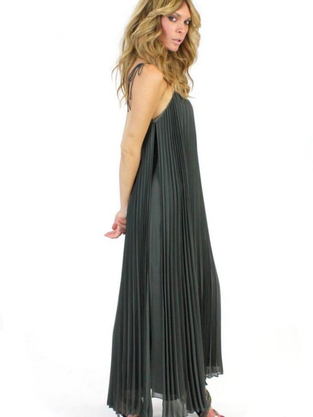 Halston Heritage Spaghetti Tie Strap Pleated Long Dress Musk HRA11CH384 Sz 2 NWT - Picture 5 of 6